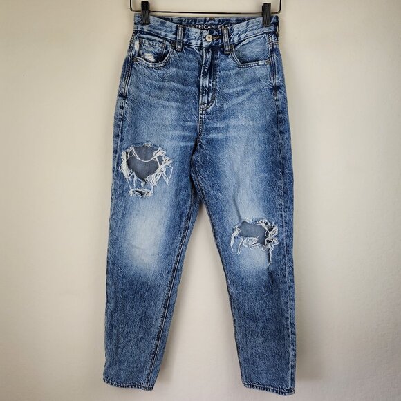 American Eagle Curvy Ripped Distressed Mom Jeans sz 2 - Picture 1 of 14